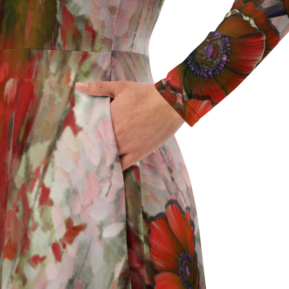 All-over print long sleeve midi dress 317Fkl2