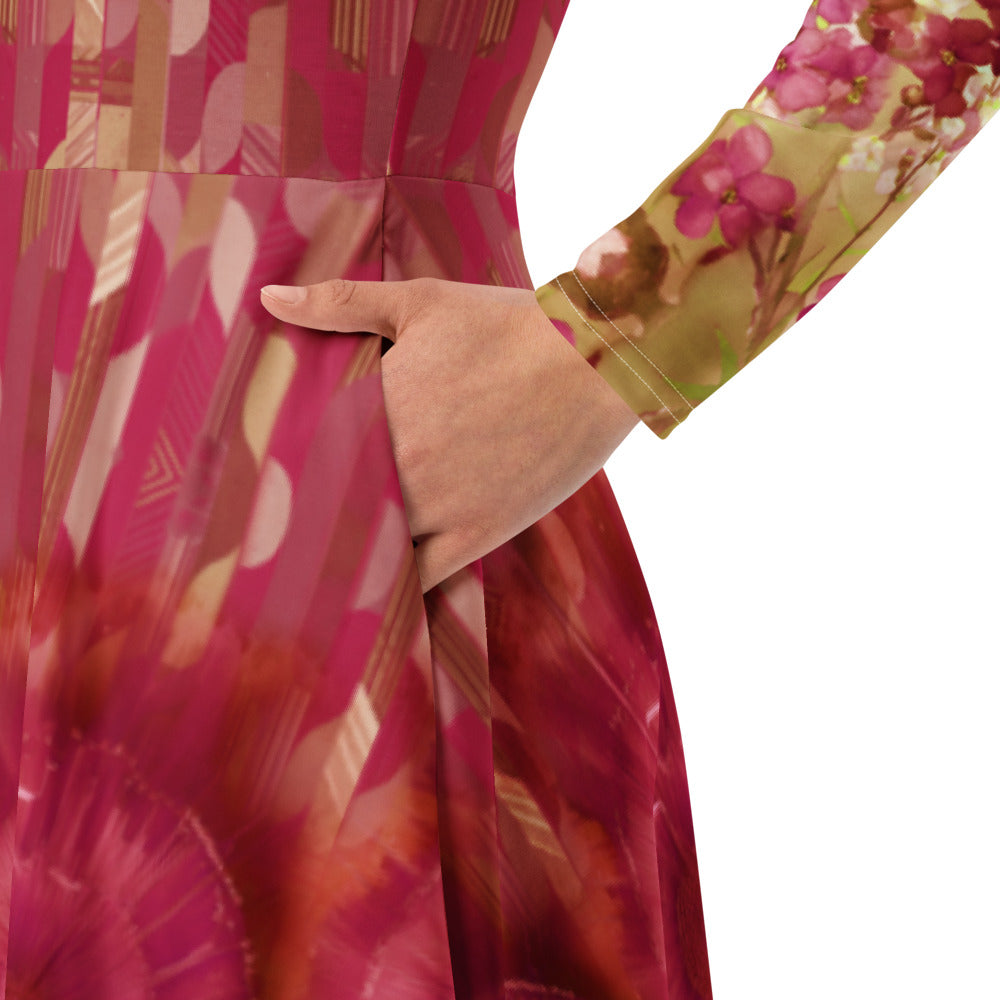 All-over print long sleeve midi dress 321Bkl5