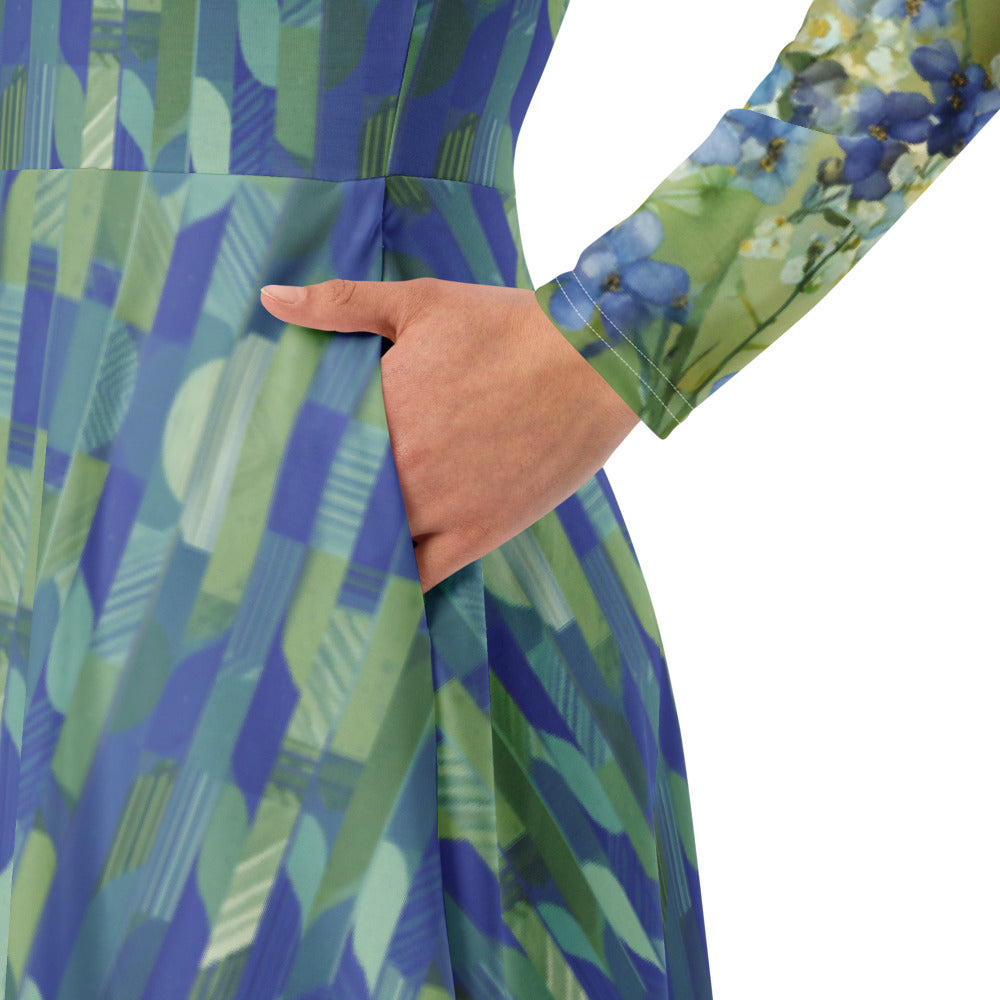 All-over print long sleeve midi dress 321Bkl3c