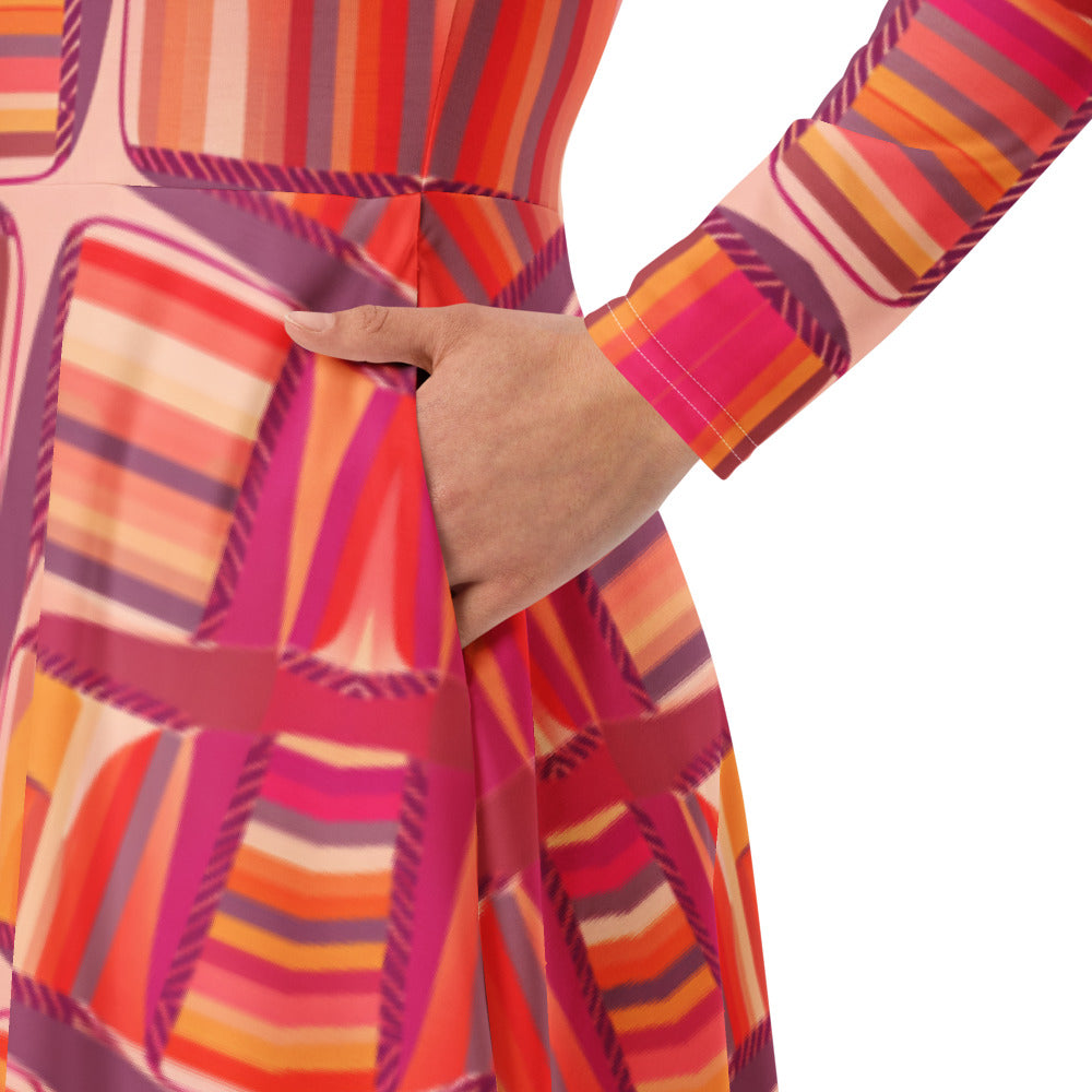 All-over print long sleeve midi dress 325Bkl2