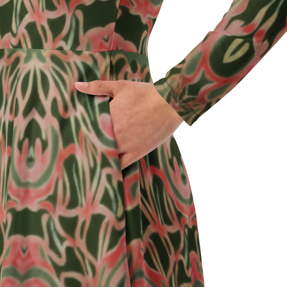 All-over print long sleeve midi dress 339Bkl2