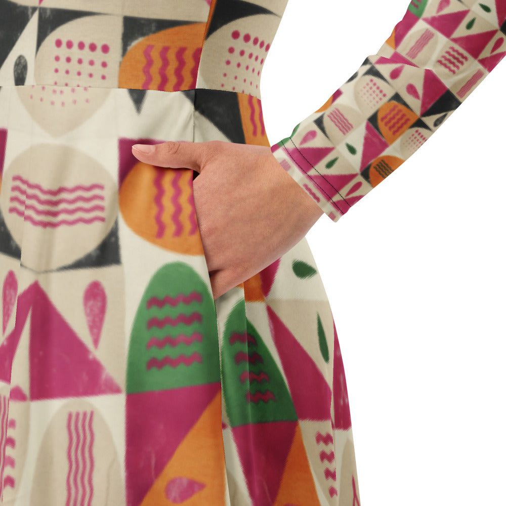 All-over print long sleeve midi dress 343Bkl1