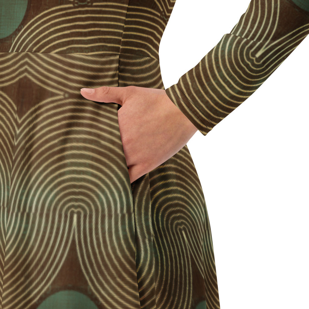 All-over print long sleeve midi dress 345Ckl3