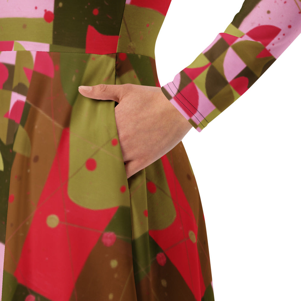 All-over print long sleeve midi dress 347Bkl4