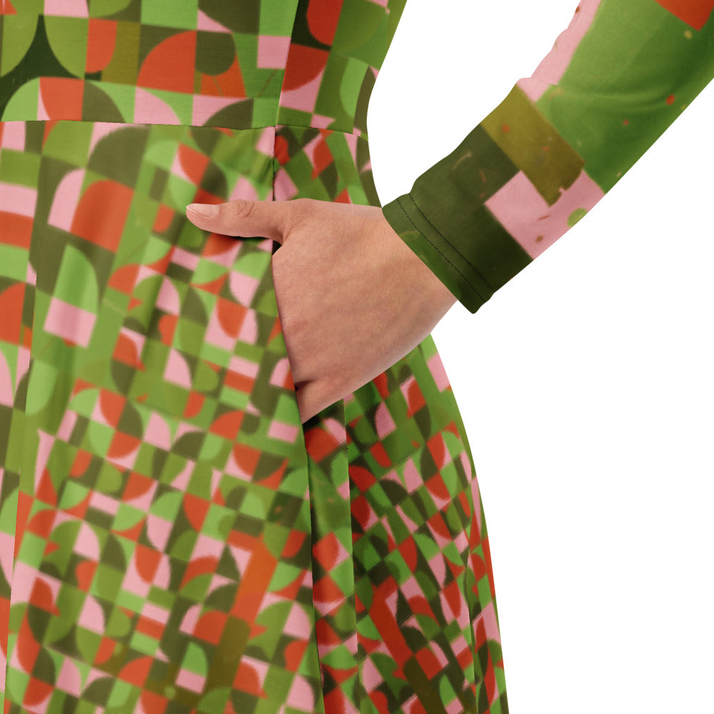 All-over print long sleeve midi dress 347Bkl6
