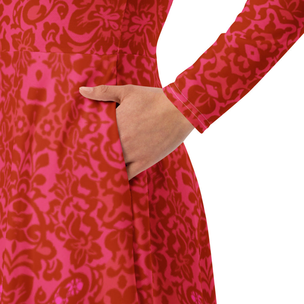 All-over print long sleeve midi dress 358Bkl5