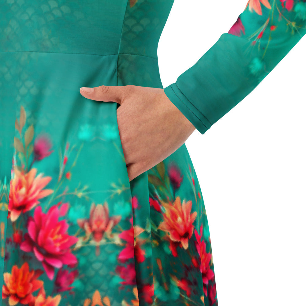 All-over print long sleeve midi dress  360kl1b