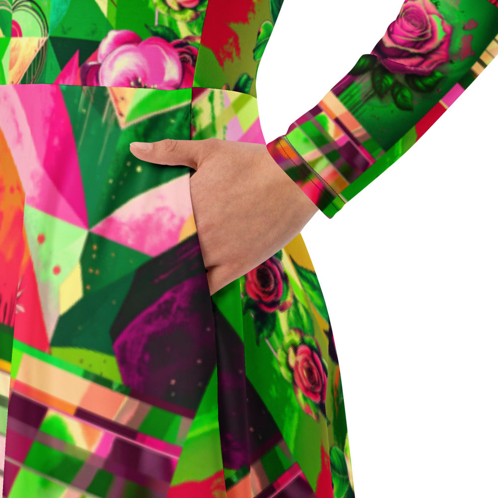 All-over print long sleeve midi dress 363C