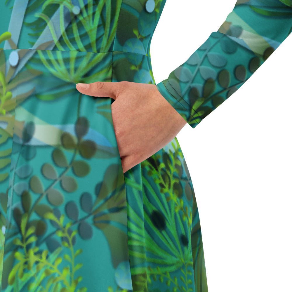 All-over print long sleeve midi dress 366Bkl1