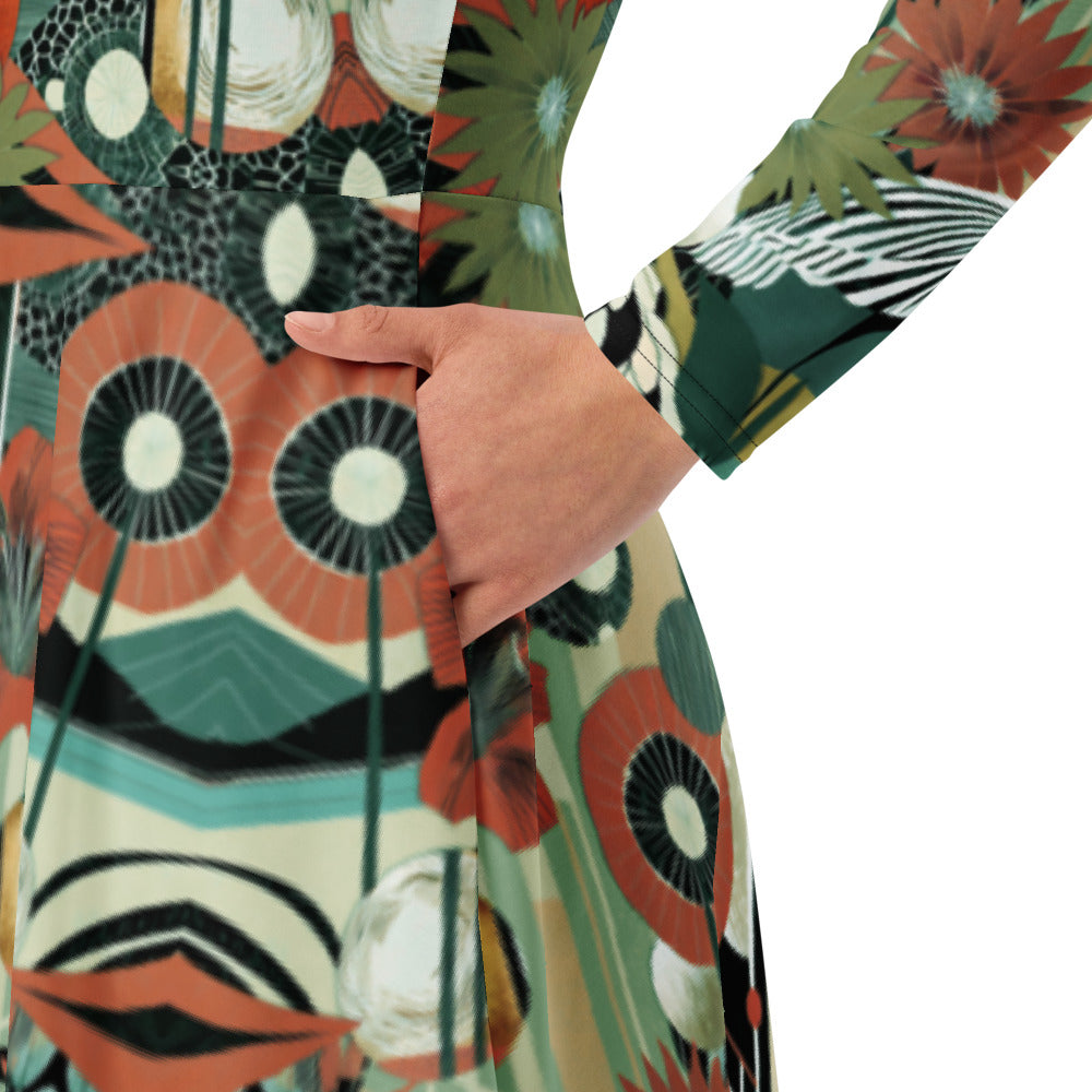 All-over print long sleeve midi dress 45oudCkl4