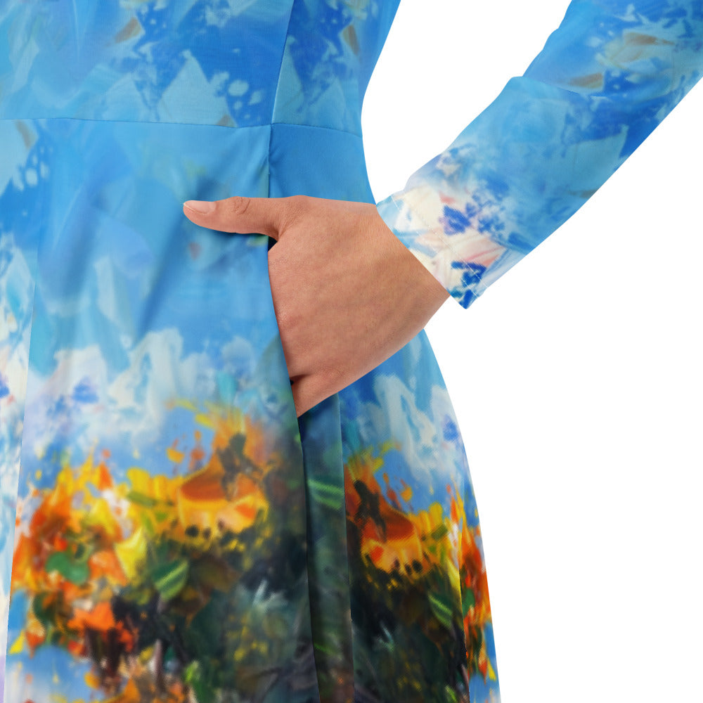All-over print long sleeve midi dress 374Ckl1
