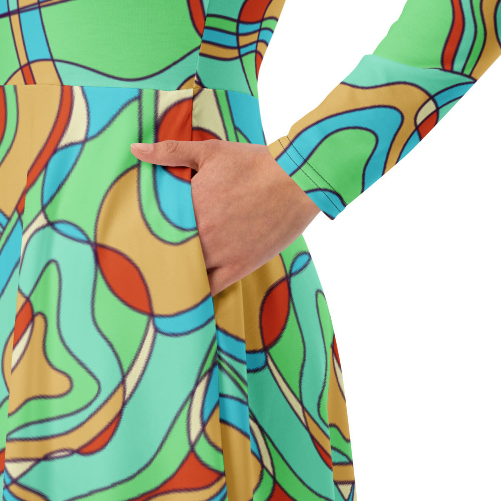 All-over print long sleeve midi dress 379kl2