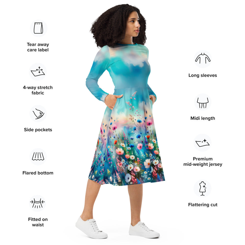 All-over print long sleeve midi dress 230