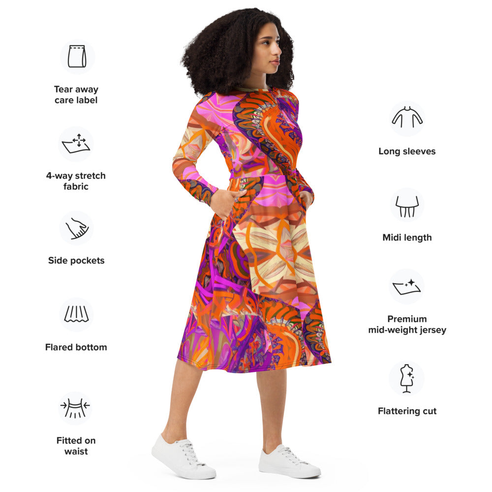 All-over print long sleeve midi dress 197