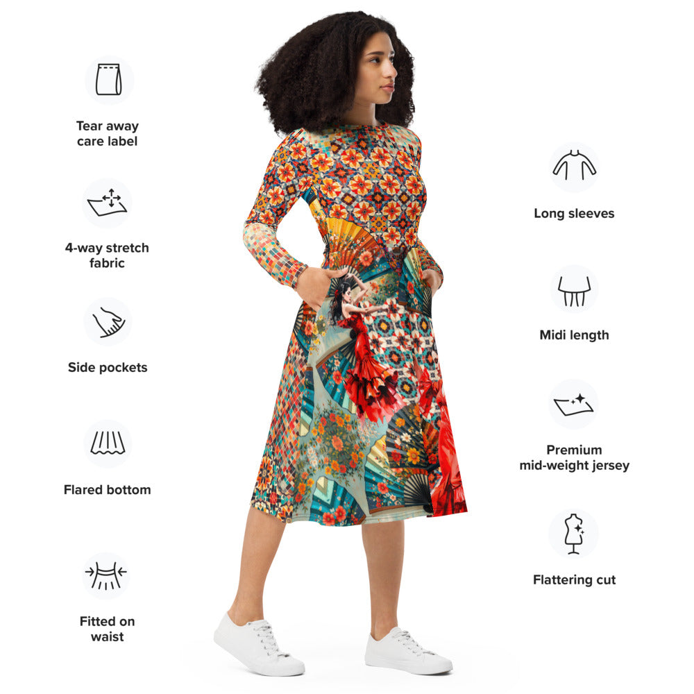 All-over print long sleeve midi dress 204A