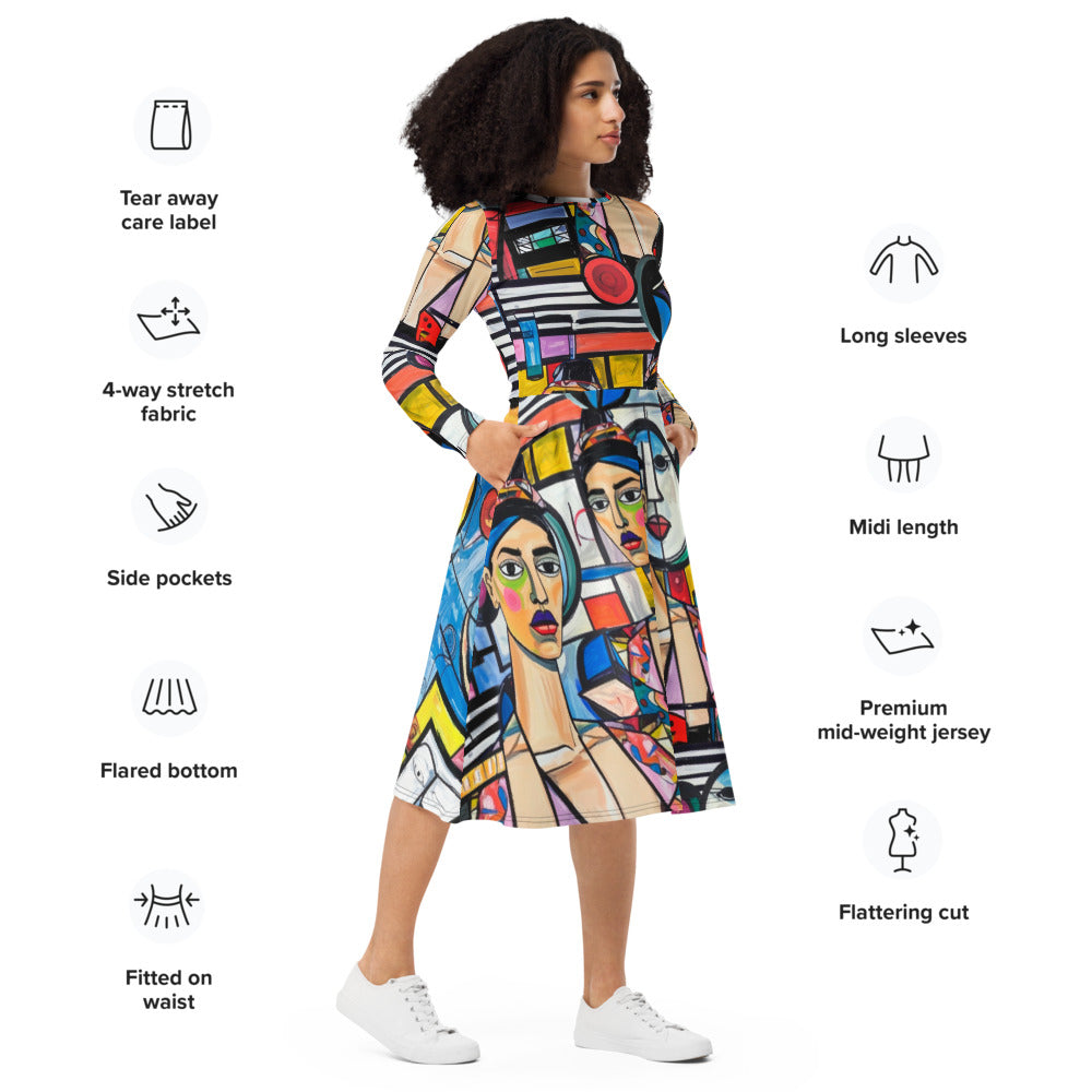 All-over print long sleeve midi dress 207B