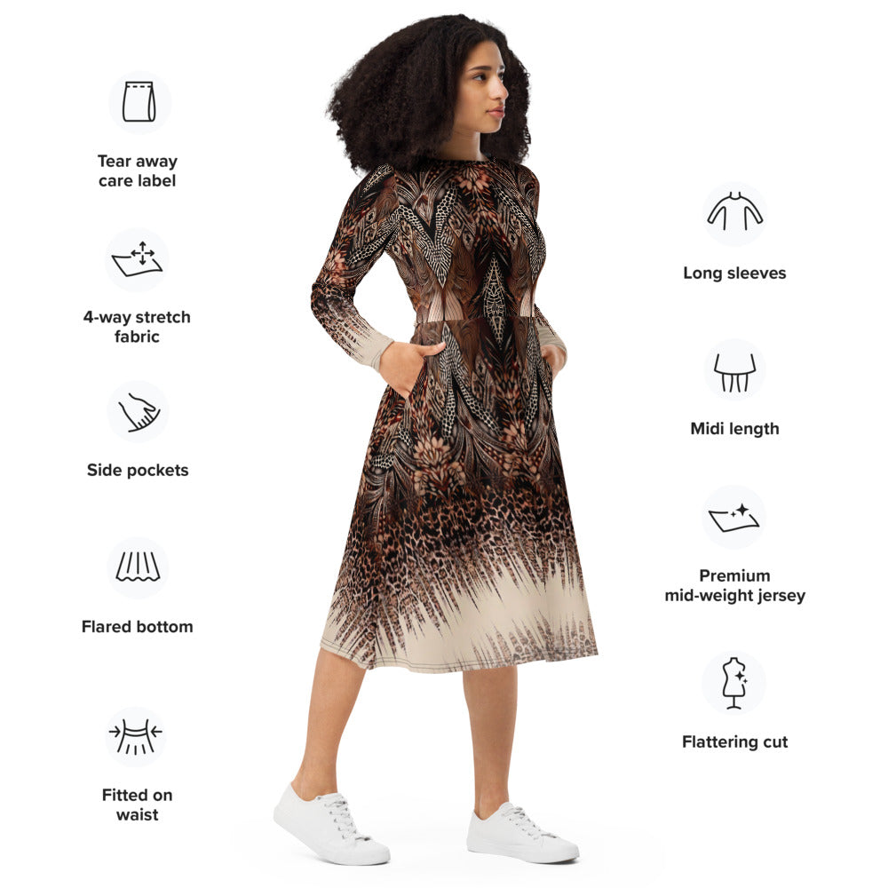 All-over print long sleeve midi dress 166A