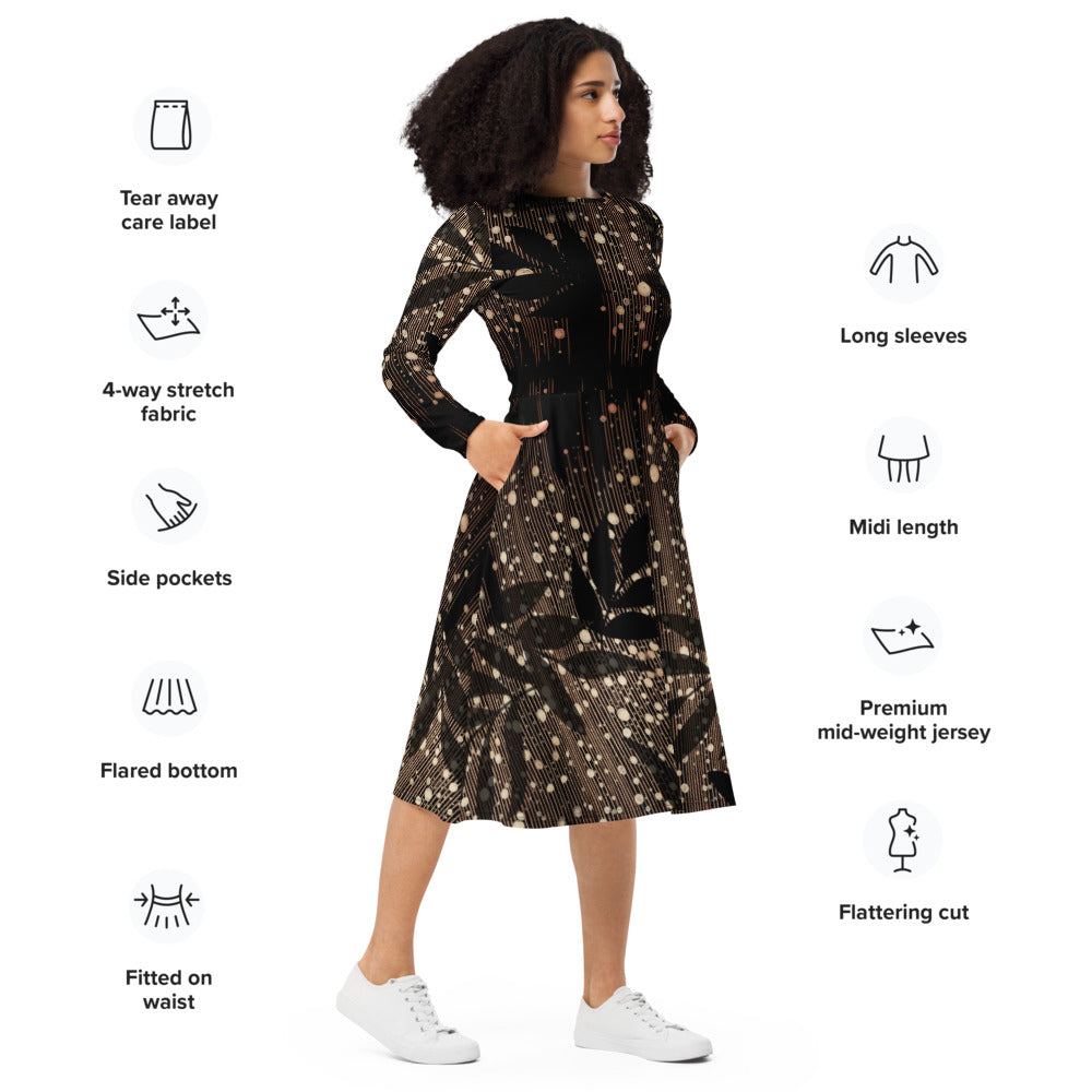All-over print long sleeve midi dress 1