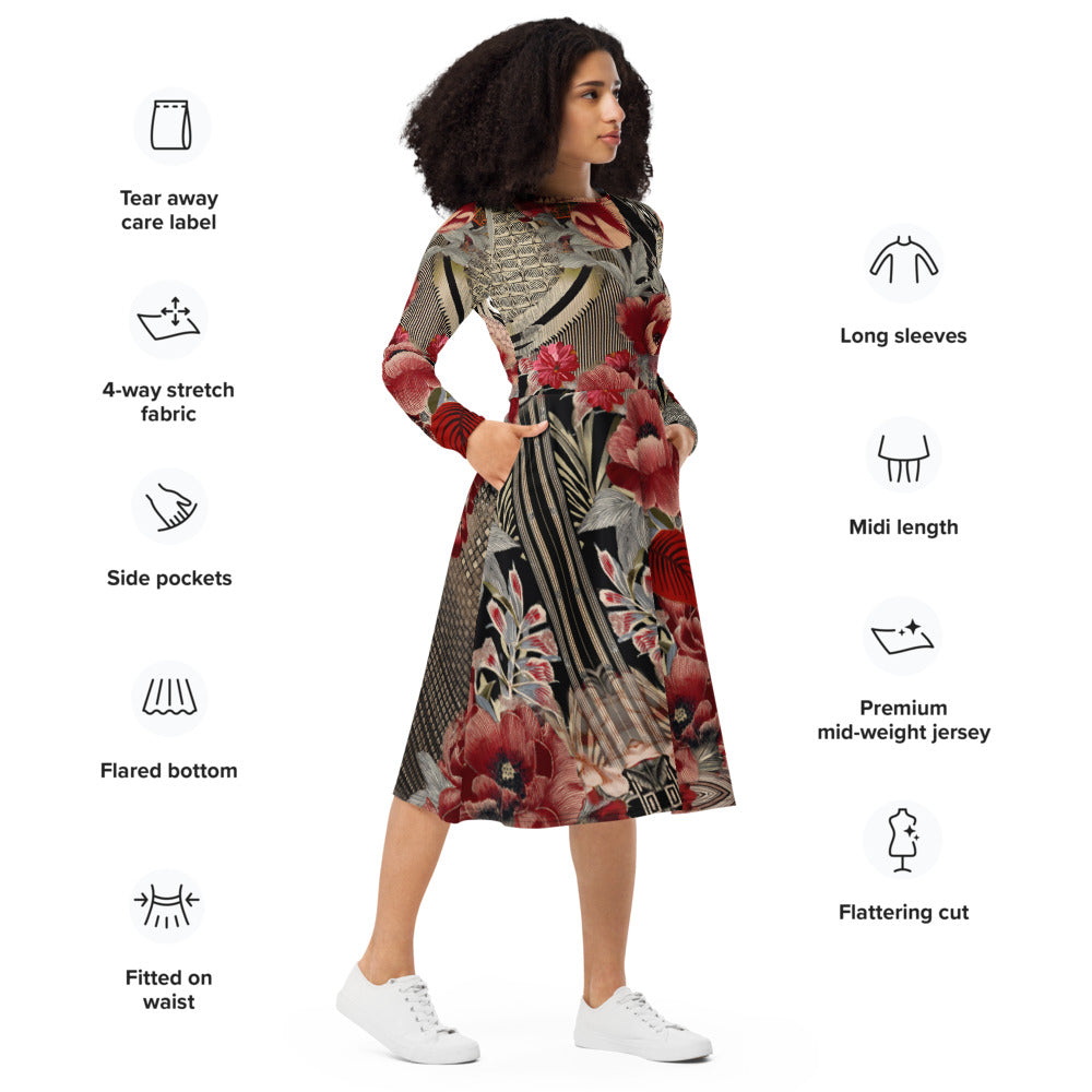 All-over print long sleeve midi dress 216