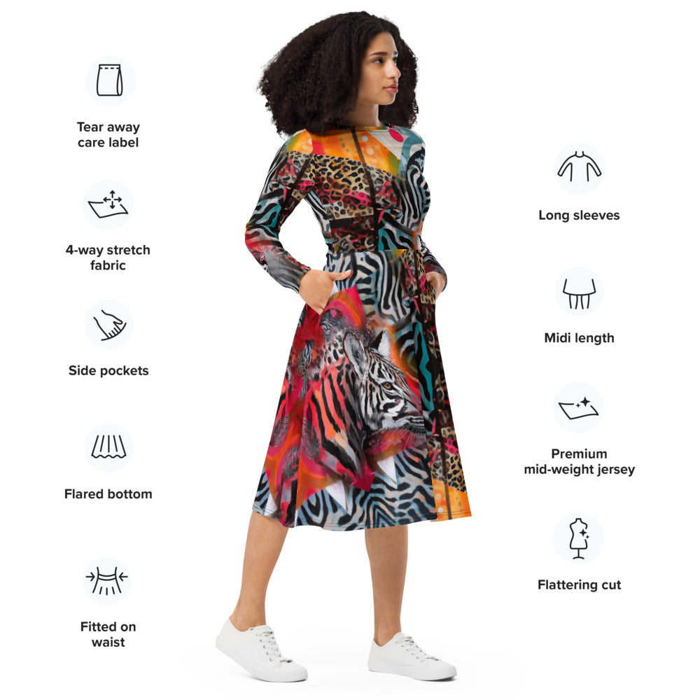 All-over print long sleeve midi dress 5B2