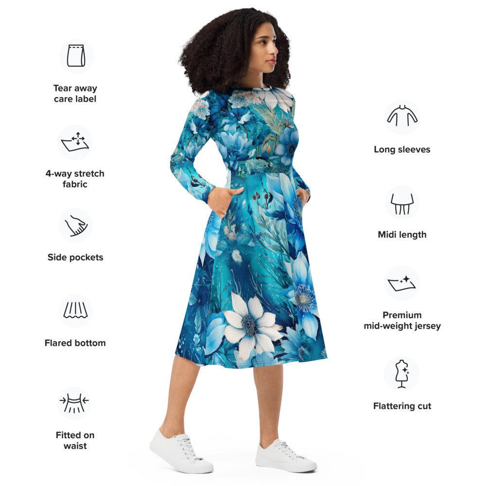 All-over print long sleeve midi dress 116B