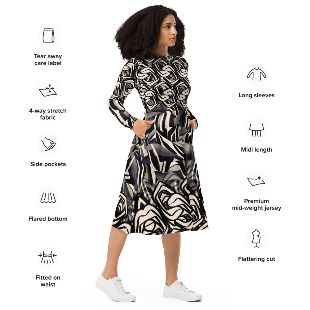 All-over print long sleeve midi dress 115B2
