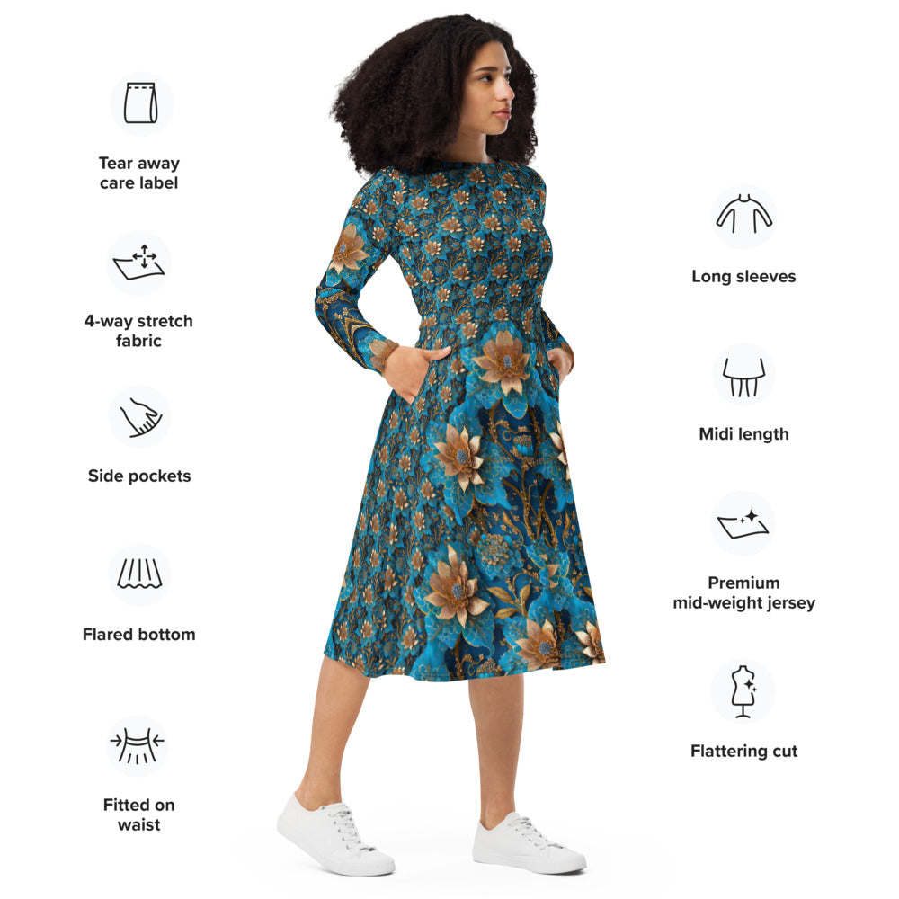 All-over print long sleeve midi dress 59B
