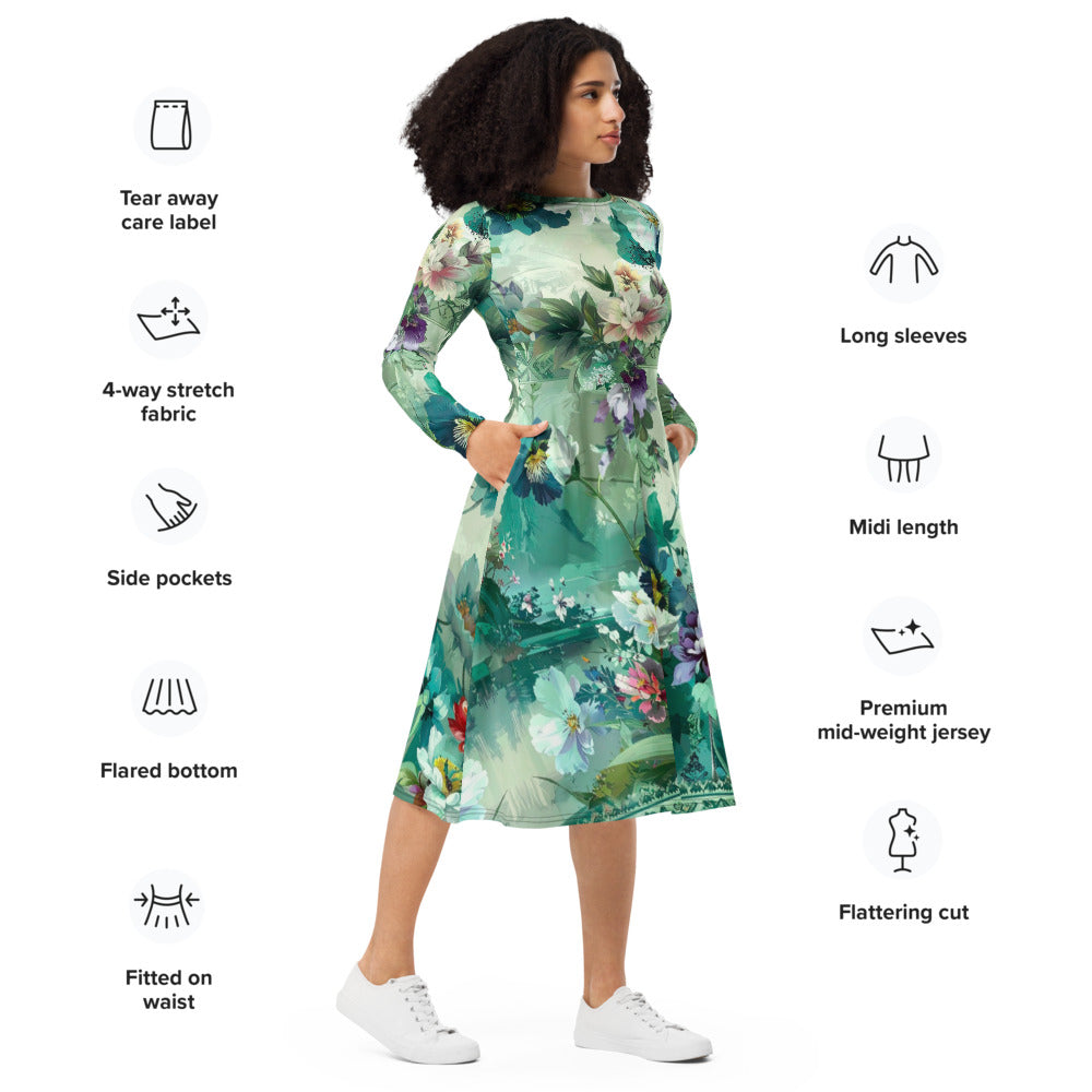 All-over print long sleeve midi dress 128B