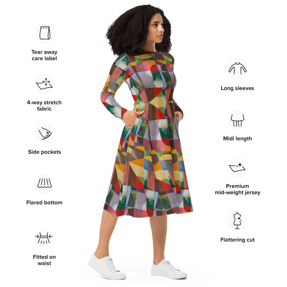 All-over print long sleeve midi dress 245B