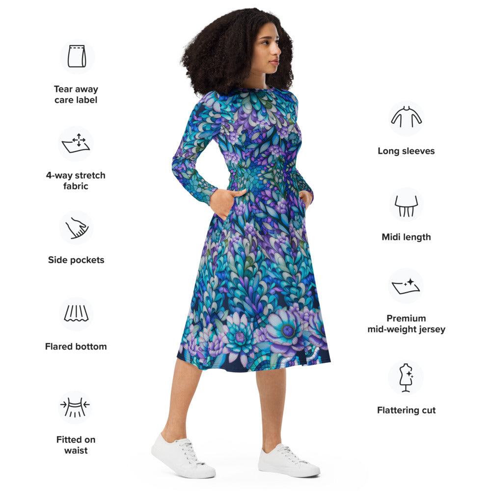 All-over print long sleeve midi dress 246B