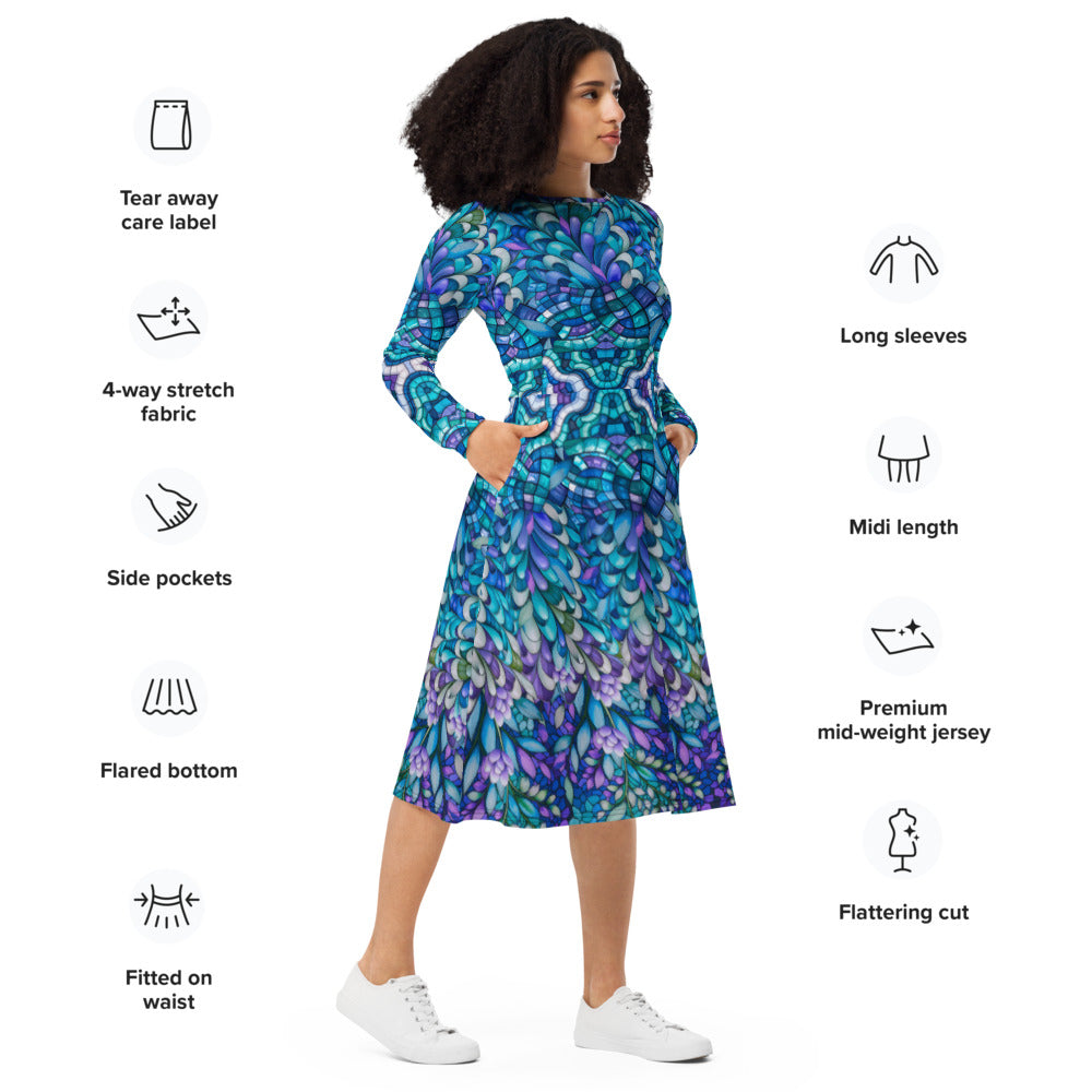 All-over print long sleeve midi dress 246B2