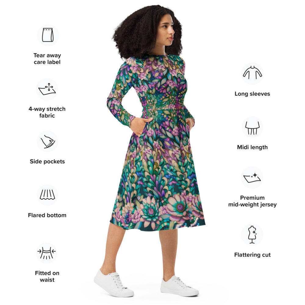 All-over print long sleeve midi dress 246Bkl2