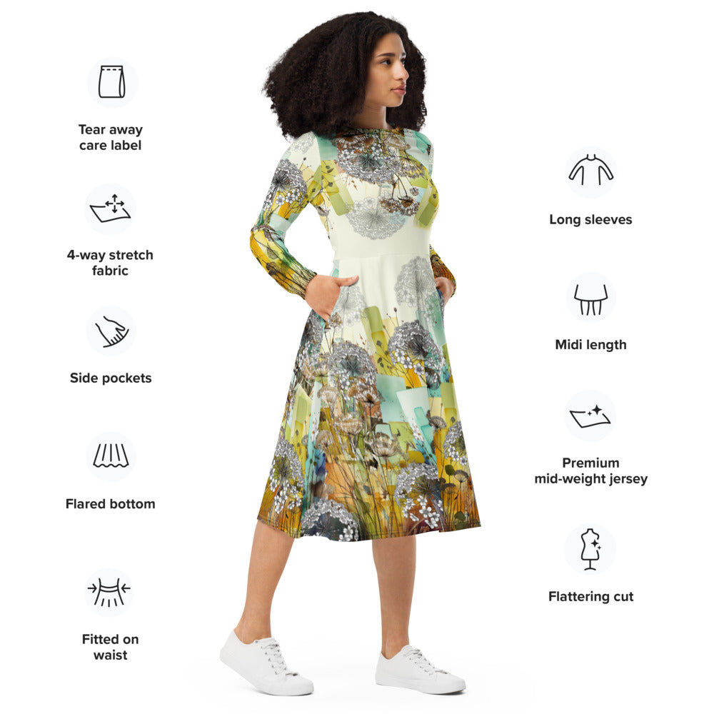 All-over print long sleeve midi dress 250