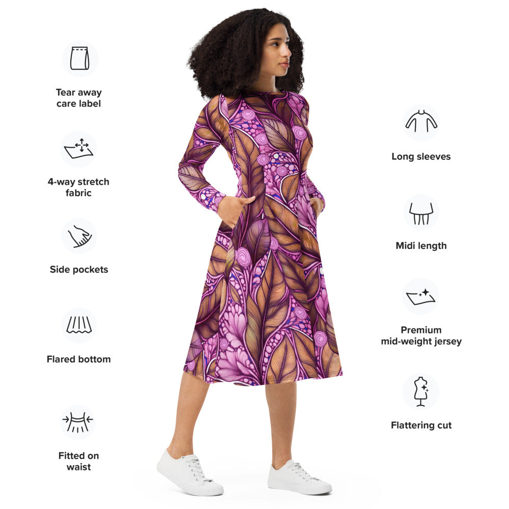 All-over print long sleeve midi dress 251kl3b