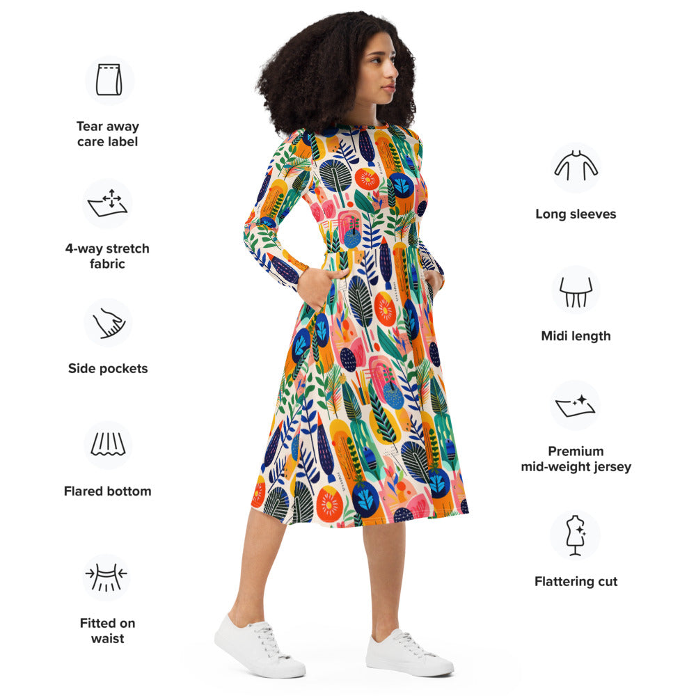 All-over print long sleeve midi dress 254B