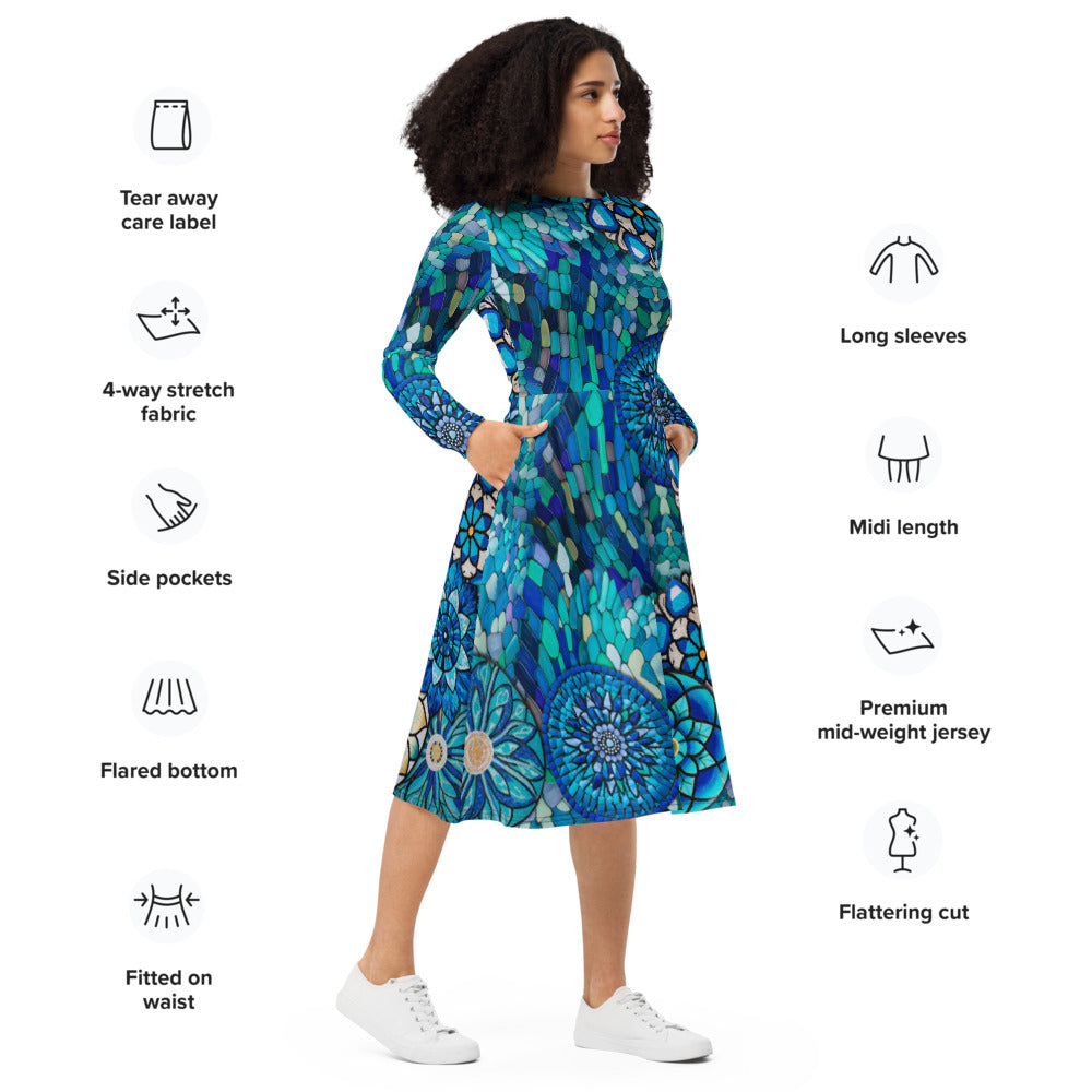 All-over print long sleeve midi dress 255D