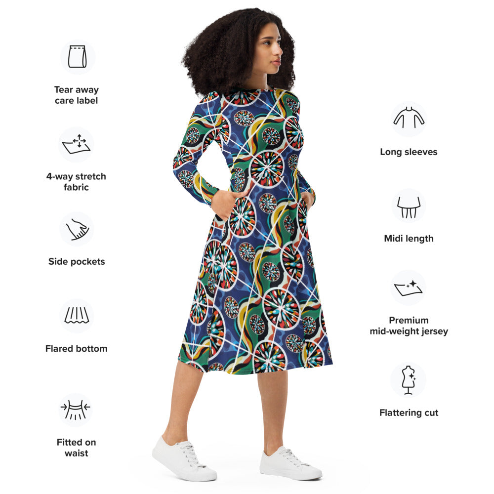 All-over print long sleeve midi dress 260B