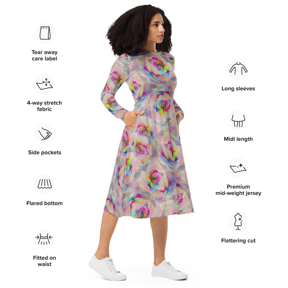 All-over print long sleeve midi dress 266A