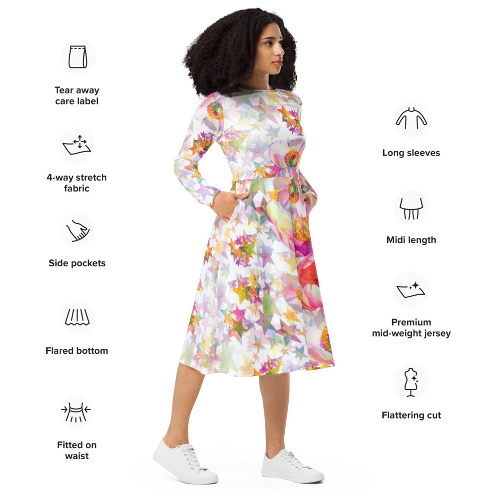 All-over print long sleeve midi dress 266E