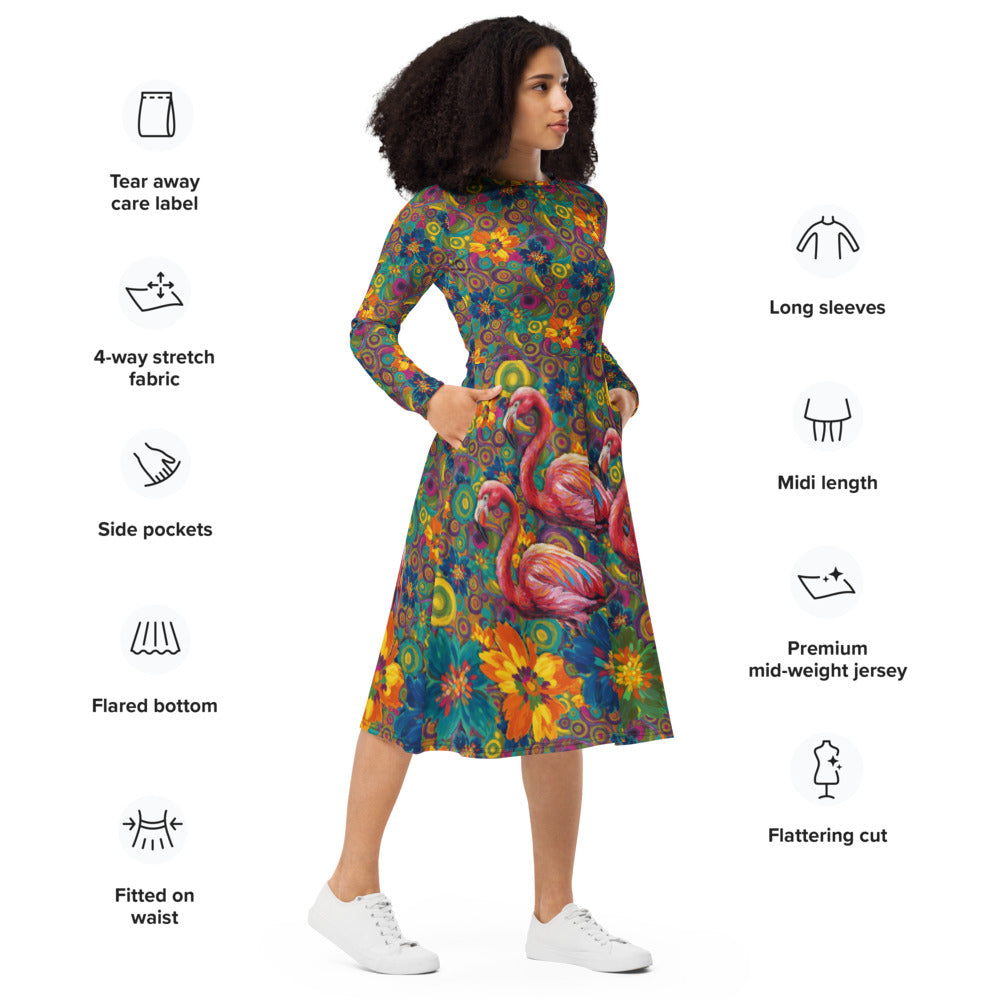 All-over print long sleeve midi dress 270