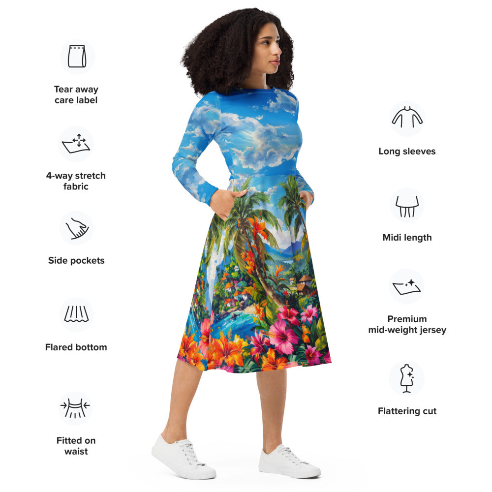 All-over print long sleeve midi dress 271