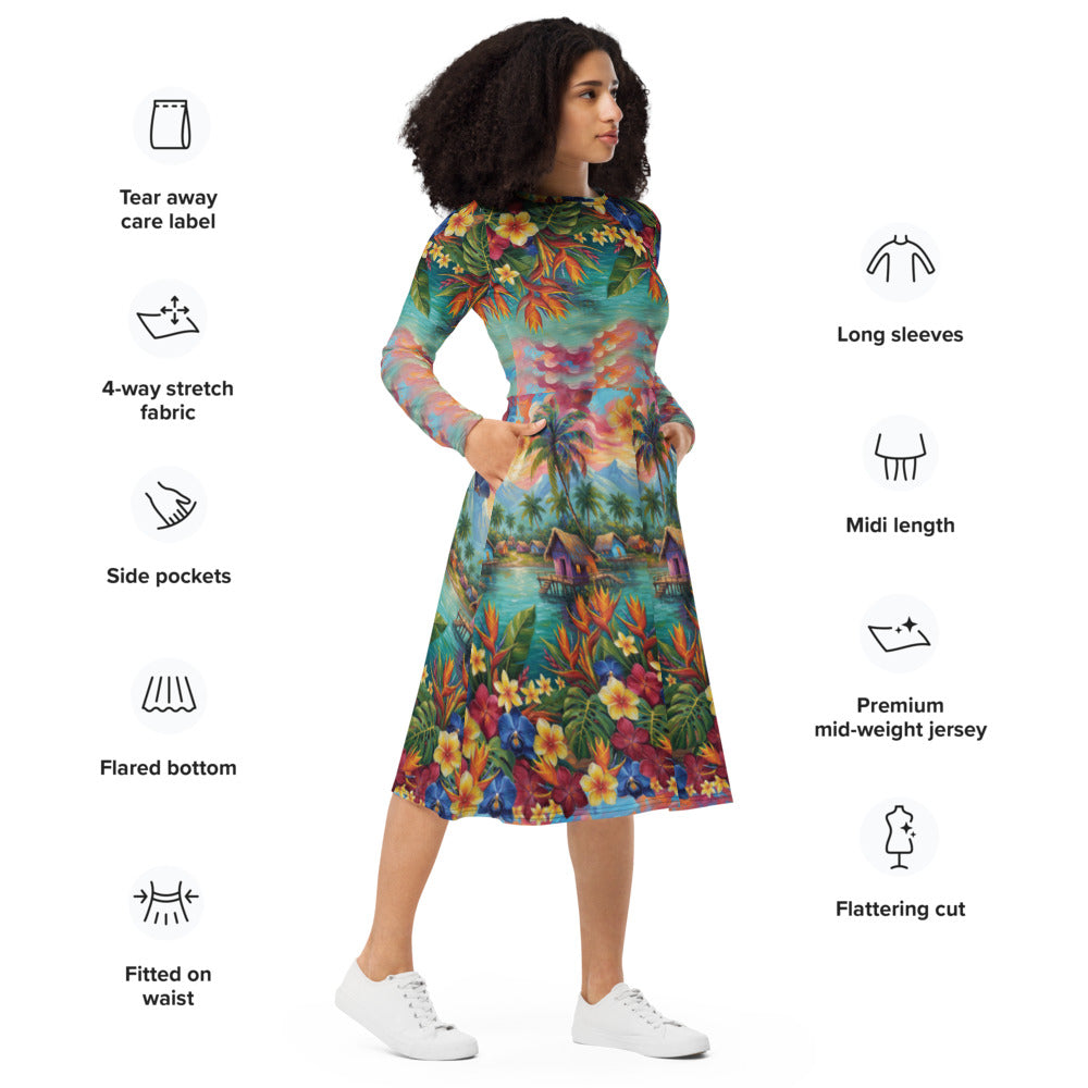 All-over print long sleeve midi dress 272
