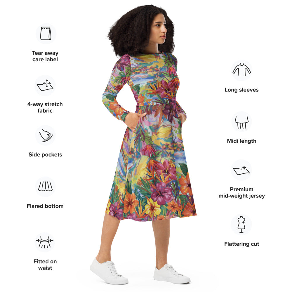 All-over print long sleeve midi dress 273
