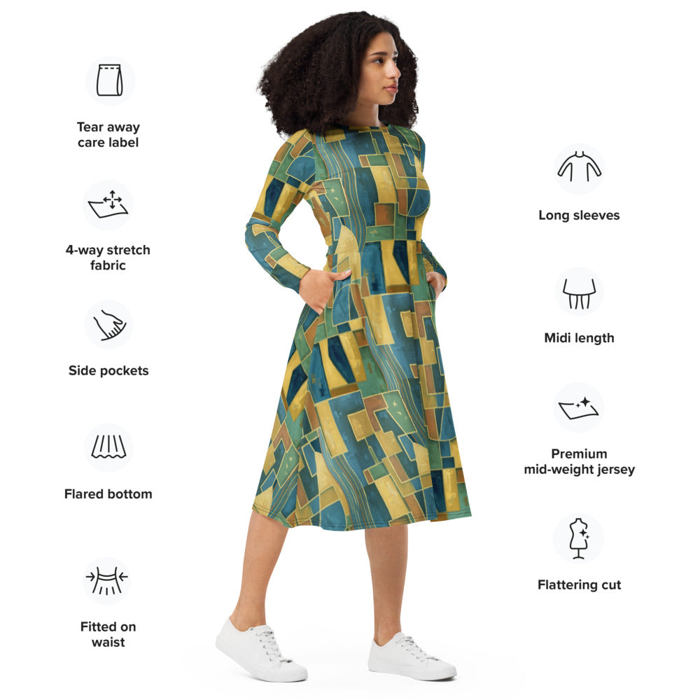 All-over print long sleeve midi dress 274Bkl3