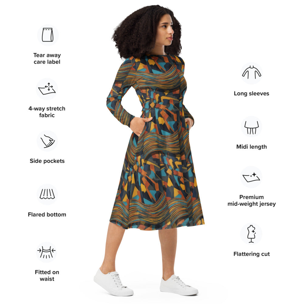All-over print long sleeve midi dress 277