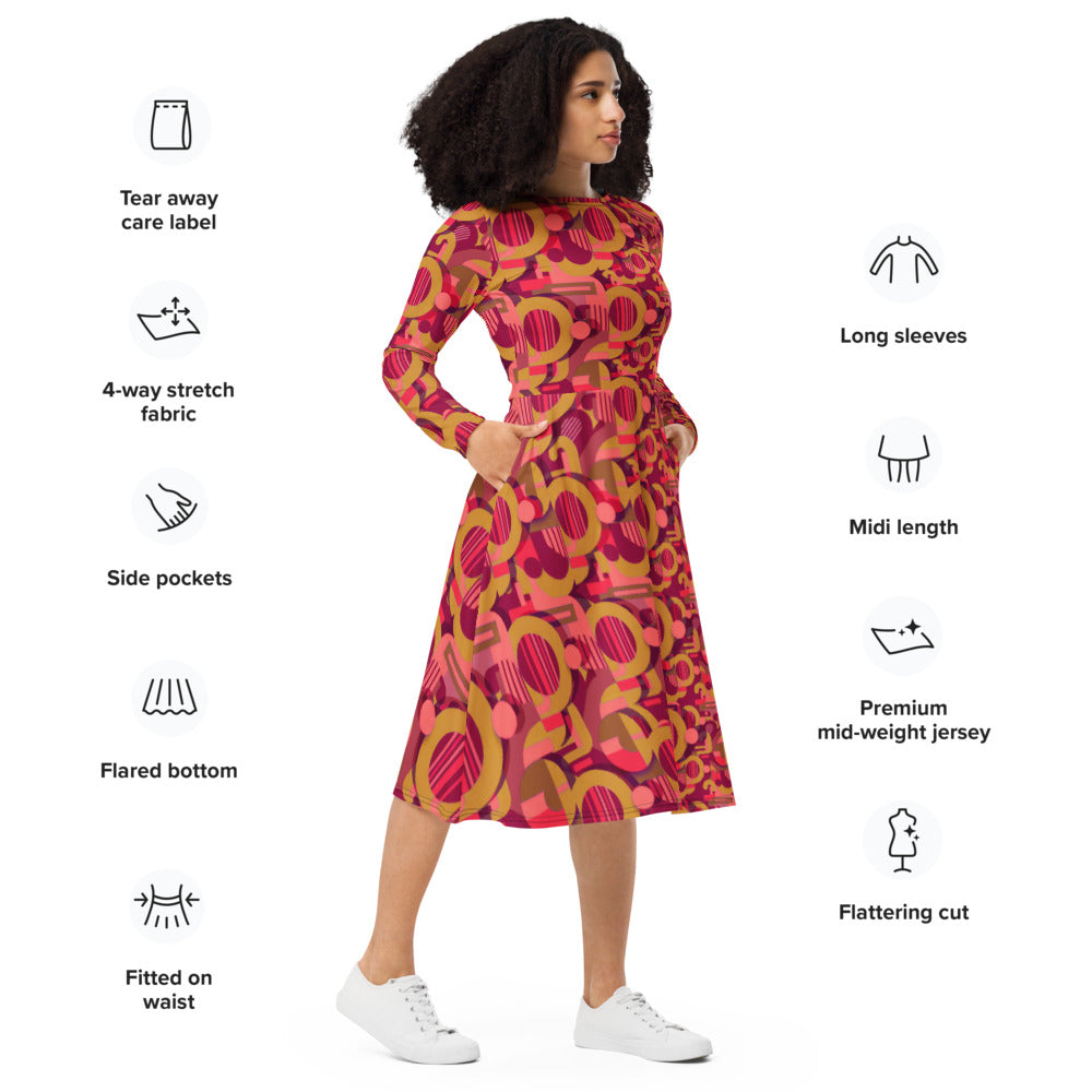 All-over print long sleeve midi dress 280C