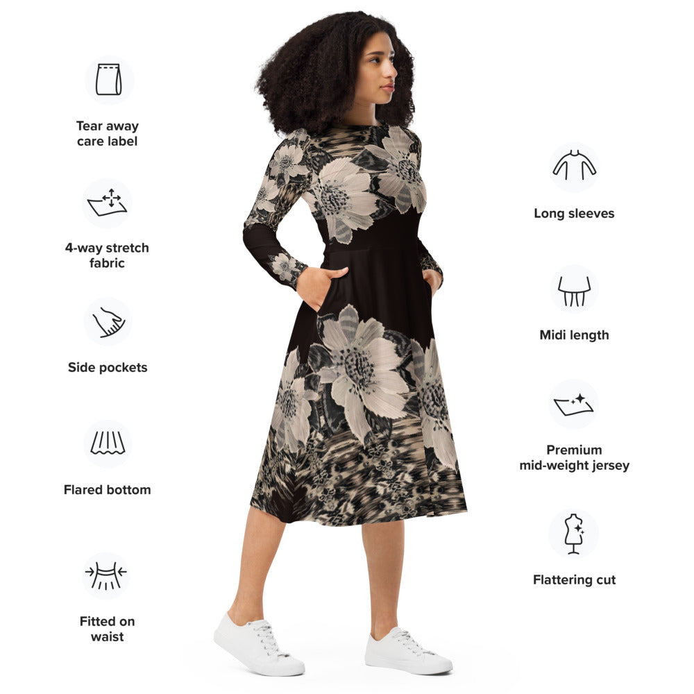 All-over print long sleeve midi dress 152C2