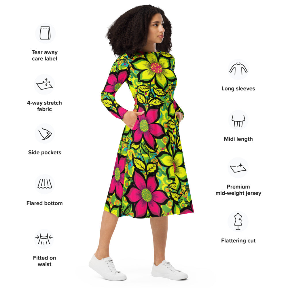 All-over print long sleeve midi dress 281kl1