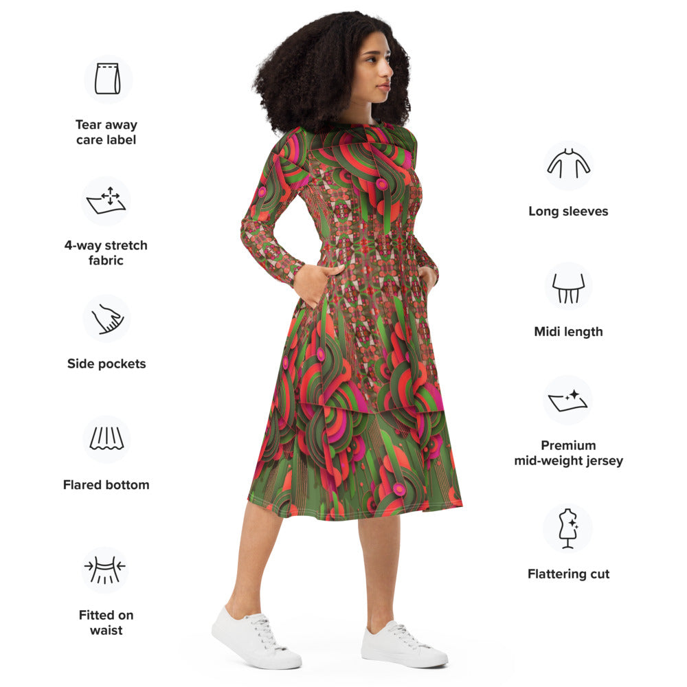 All-over print long sleeve midi dress 283Dkl3