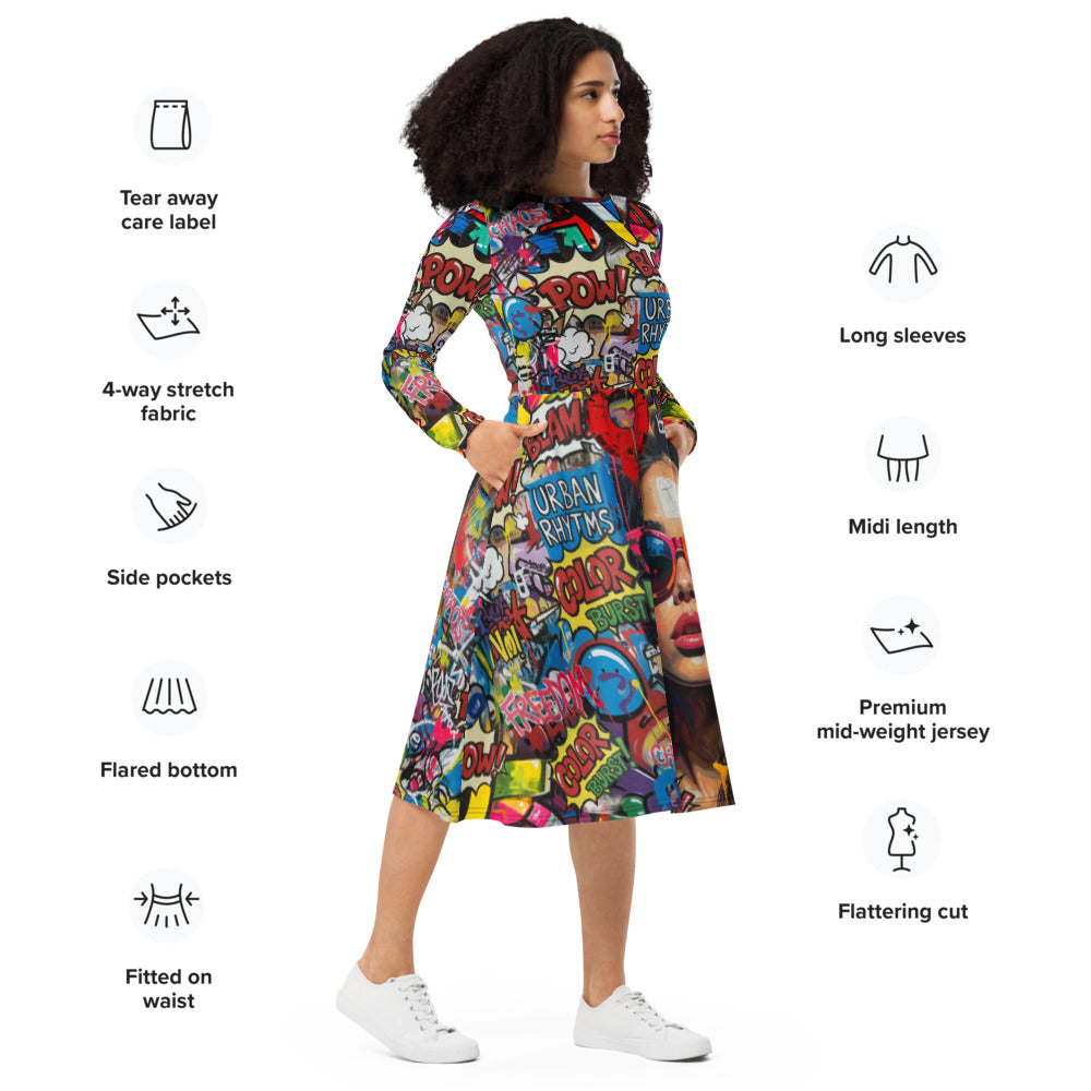 All-over print long sleeve midi dress 279